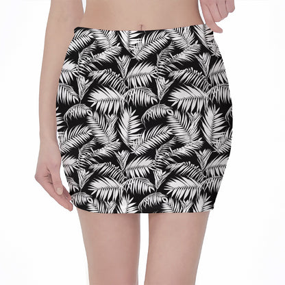 Black And White Palm Leaves Print Pencil Mini Skirt