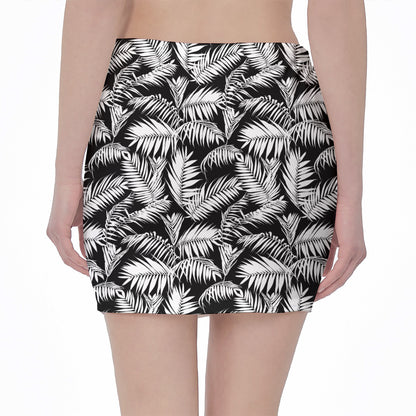Black And White Palm Leaves Print Pencil Mini Skirt