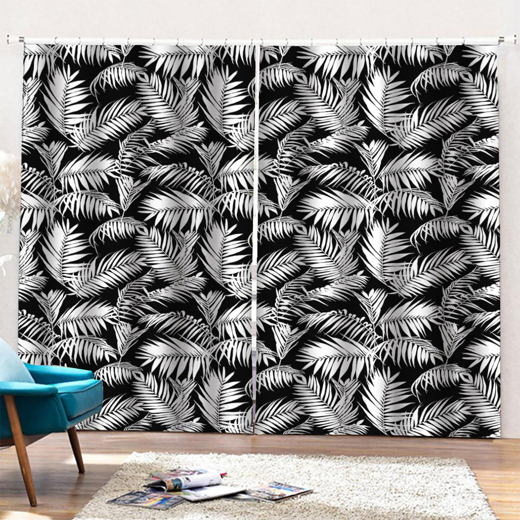 Black And White Palm Leaves Print Pencil Pleat Curtains