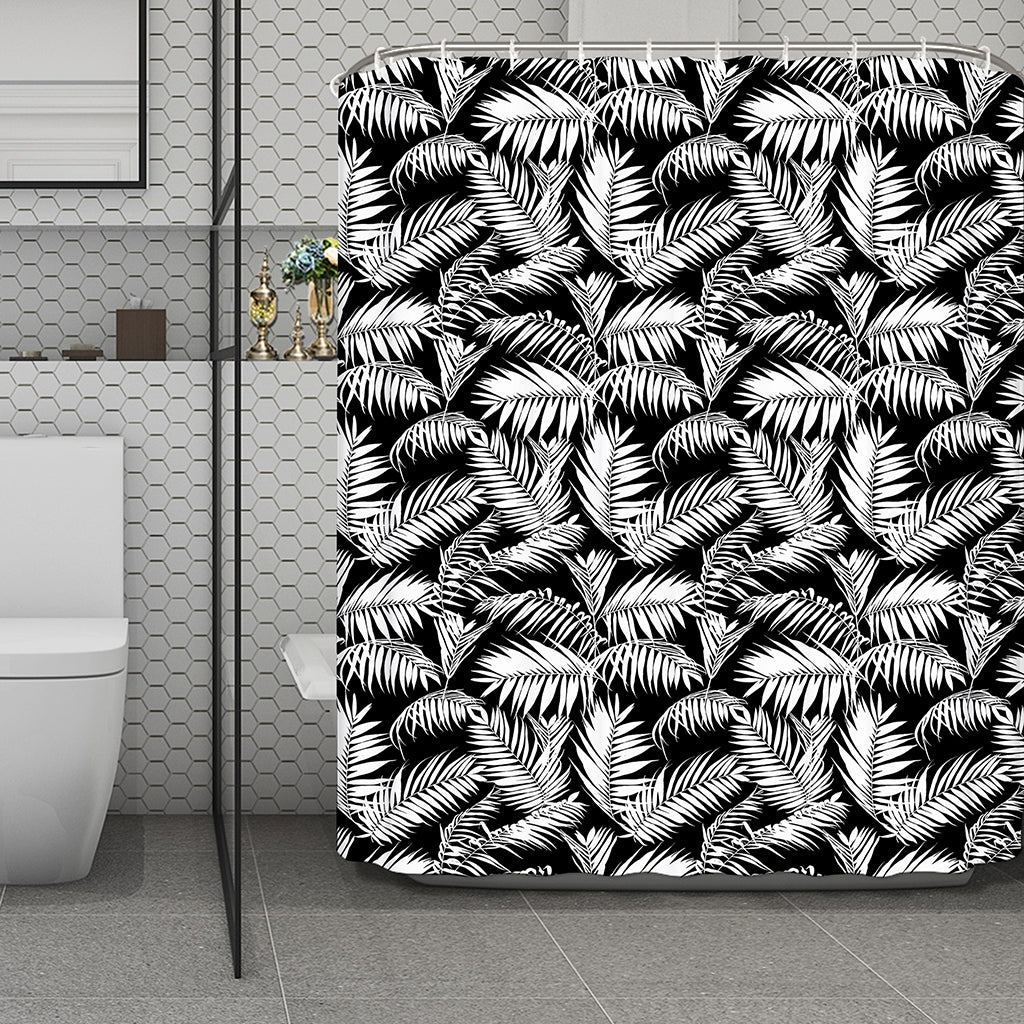 Black And White Palm Leaves Print Polyester Shower Curtain