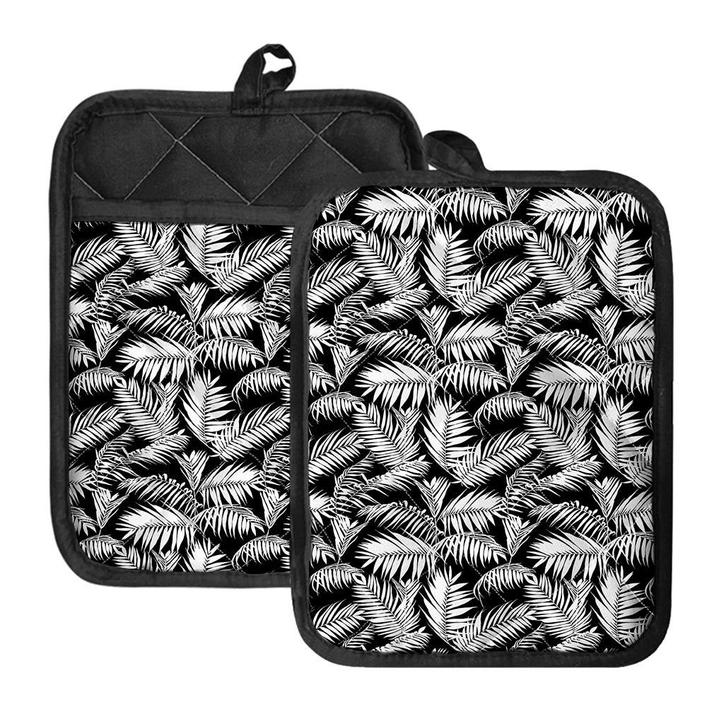 Black And White Palm Leaves Print Pot Holders With Pocket