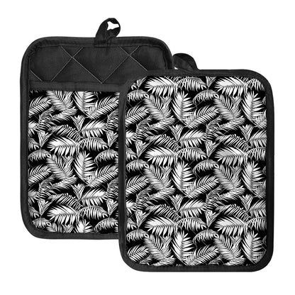 Black And White Palm Leaves Print Pot Holders With Pocket