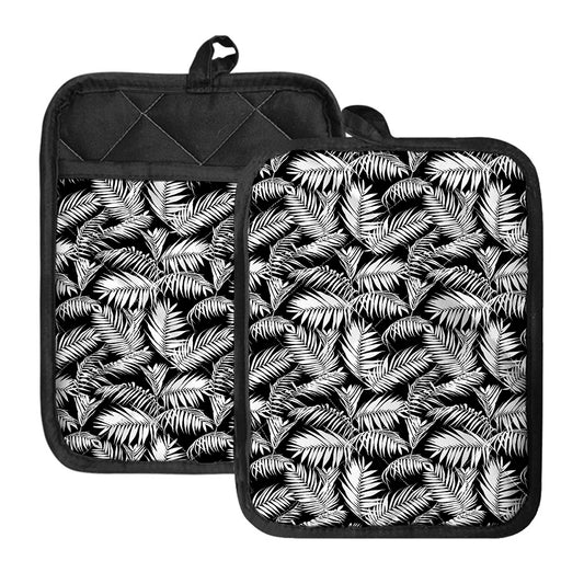Black And White Palm Leaves Print Pot Holders With Pocket