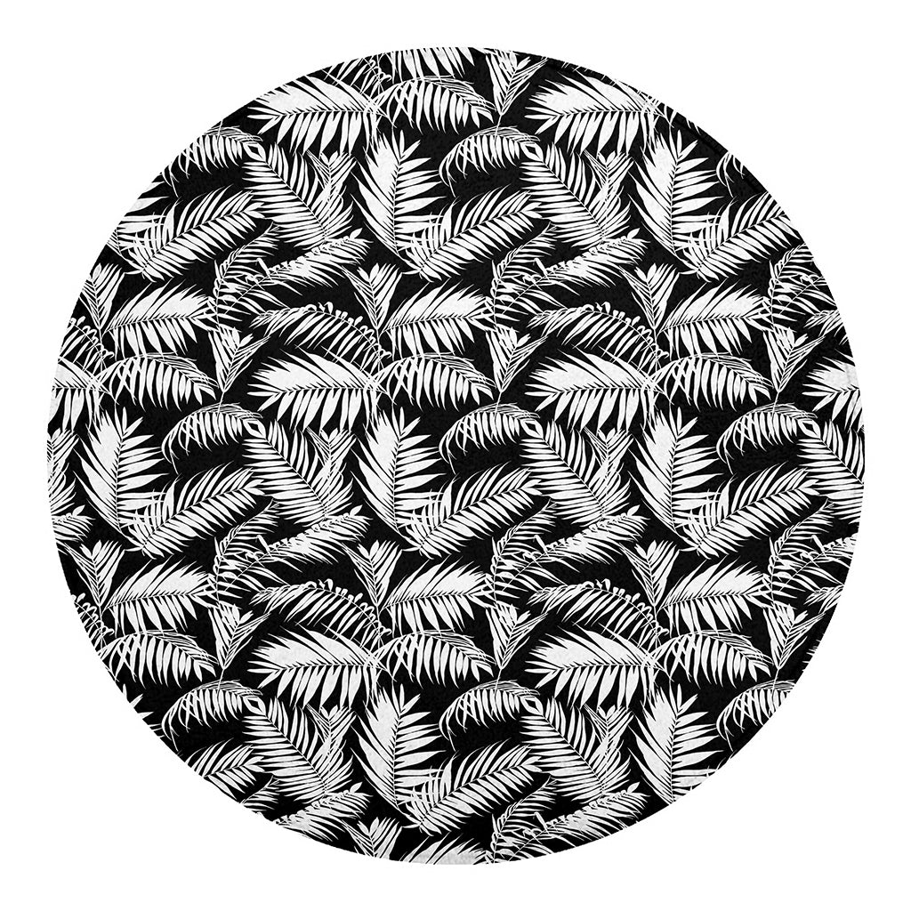 Black And White Palm Leaves Print Round Blanket