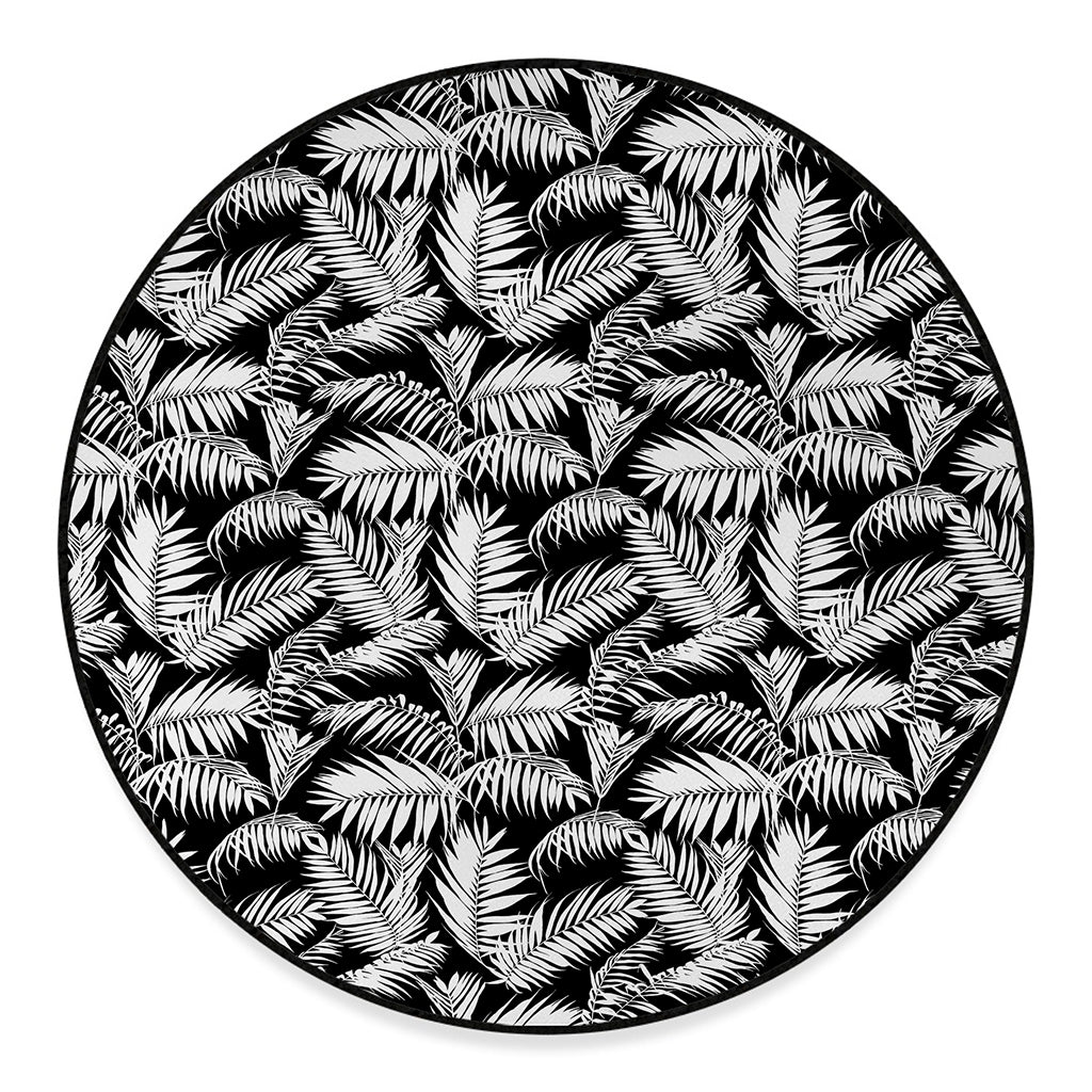 Black And White Palm Leaves Print Round Floor Mat