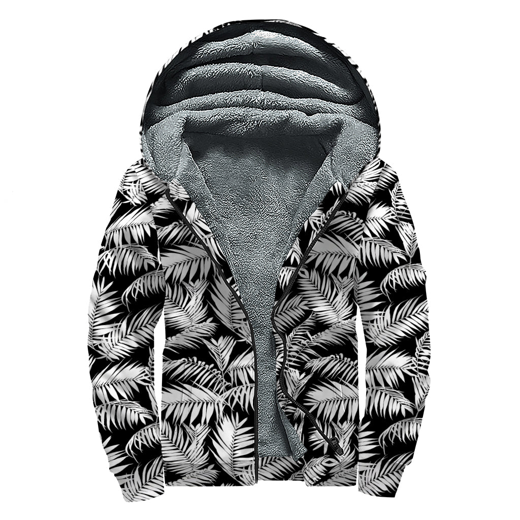 Black And White Palm Leaves Print Sherpa Lined Zip Up Hoodie
