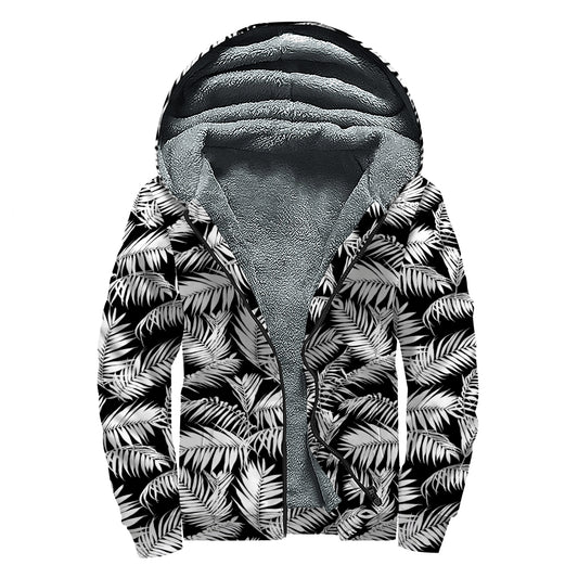 Black And White Palm Leaves Print Sherpa Lined Zip Up Hoodie