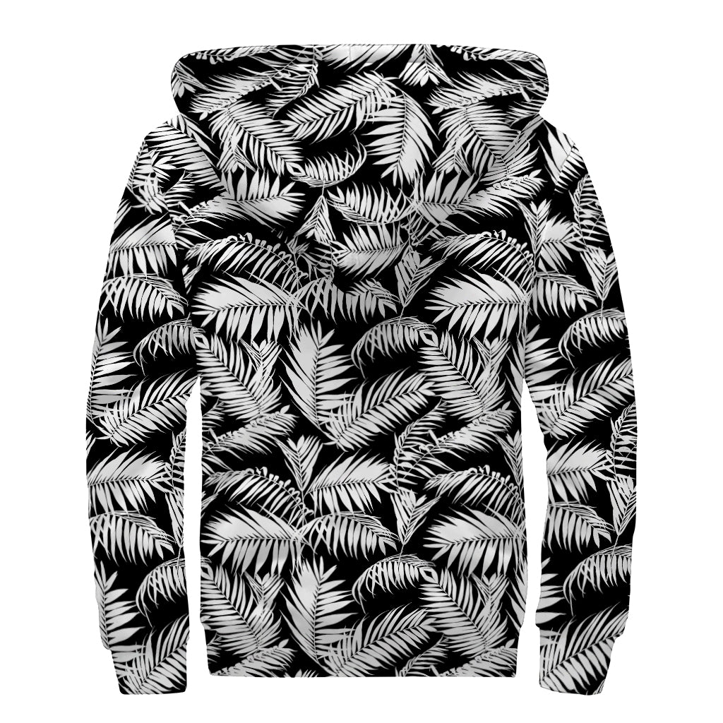 Black And White Palm Leaves Print Sherpa Lined Zip Up Hoodie