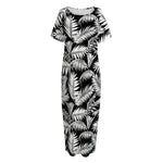 Black And White Palm Leaves Print Short Sleeve Long Nightdress