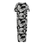Black And White Palm Leaves Print Short Sleeve Long Nightdress