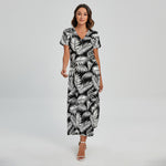 Black And White Palm Leaves Print Short Sleeve Maxi Dress