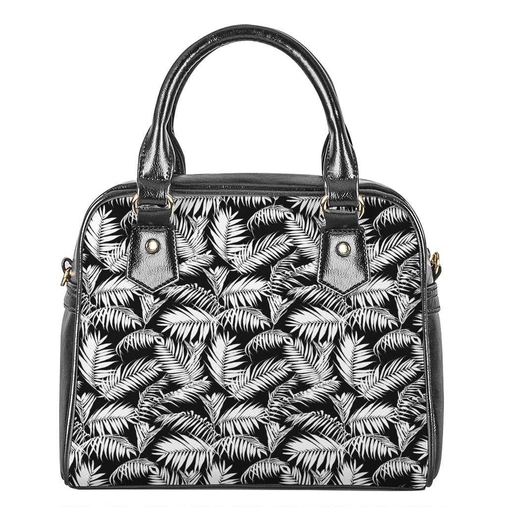 Black And White Palm Leaves Print Shoulder Handbag