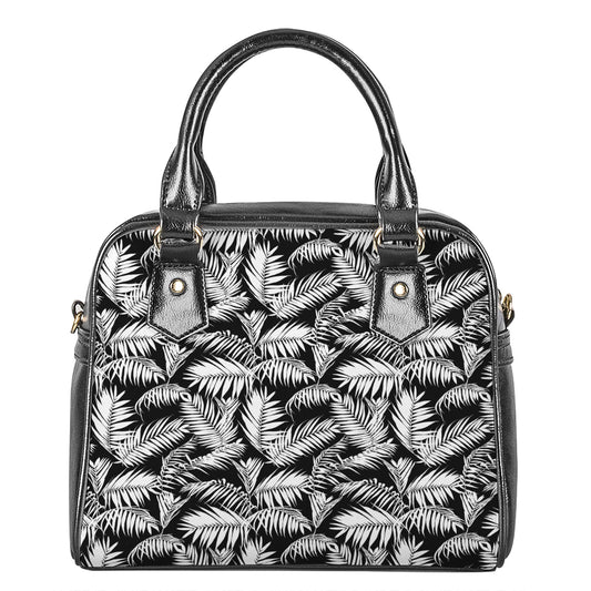 Black And White Palm Leaves Print Shoulder Handbag