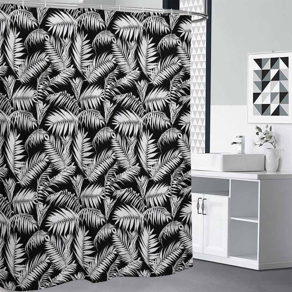 Black And White Palm Leaves Print Shower Curtain
