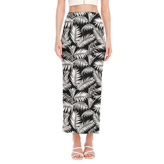 Black And White Palm Leaves Print Side Slit Maxi Skirt