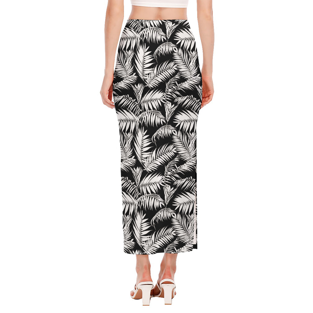 Black And White Palm Leaves Print Side Slit Maxi Skirt