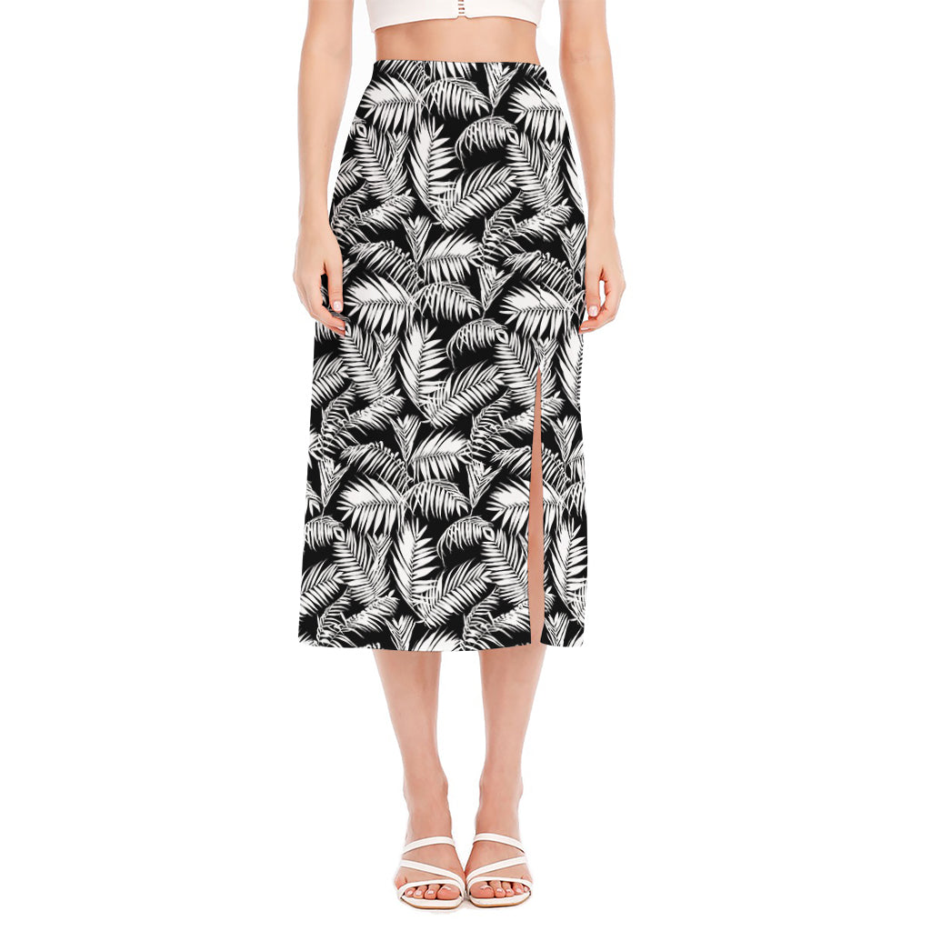 Black And White Palm Leaves Print Side Slit Midi Skirt