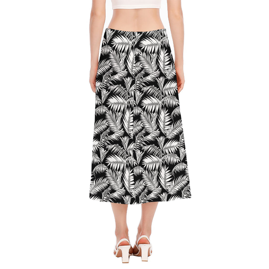 Black And White Palm Leaves Print Side Slit Midi Skirt