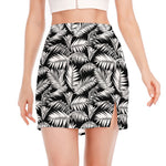 Black And White Palm Leaves Print Side Slit Mini Skirt