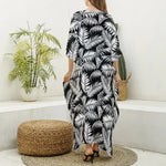 Black And White Palm Leaves Print Silk V-Neck Kaftan Dress