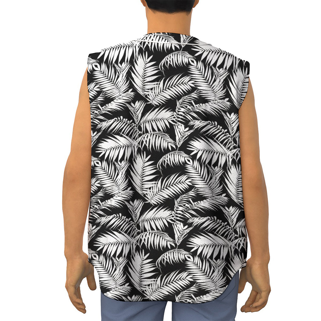 Black And White Palm Leaves Print Sleeveless Baseball Jersey