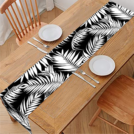 Black And White Palm Leaves Print Table Runner