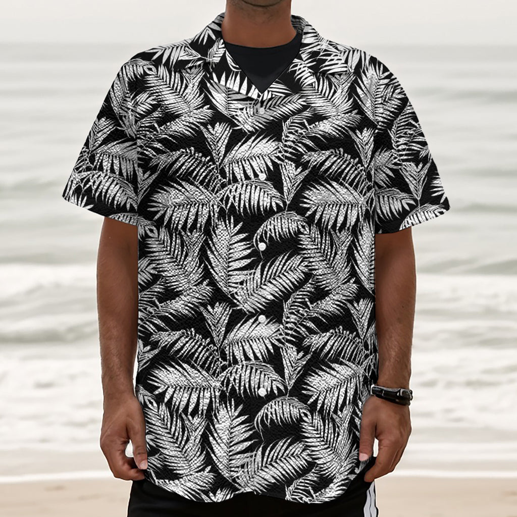 Black And White Palm Leaves Print Textured Short Sleeve Shirt