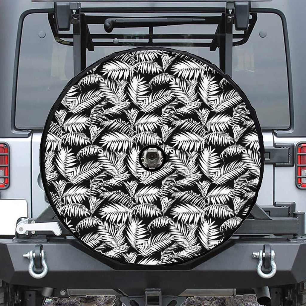 Black And White Palm Leaves Print Tire Cover With Camera Hole