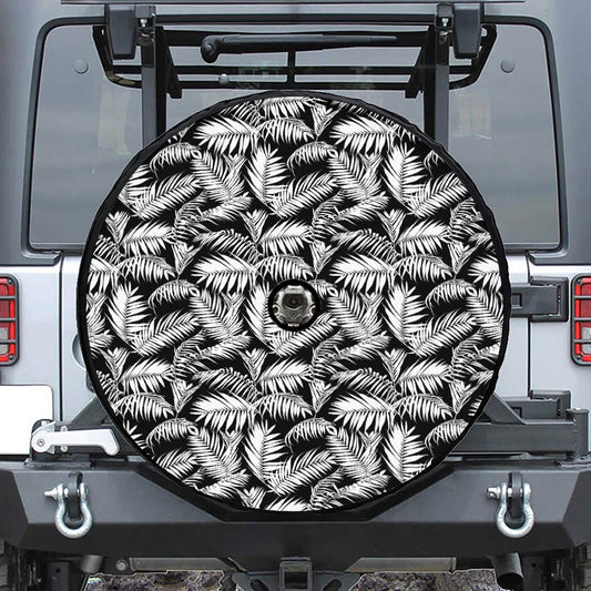 Black And White Palm Leaves Print Tire Cover With Camera Hole