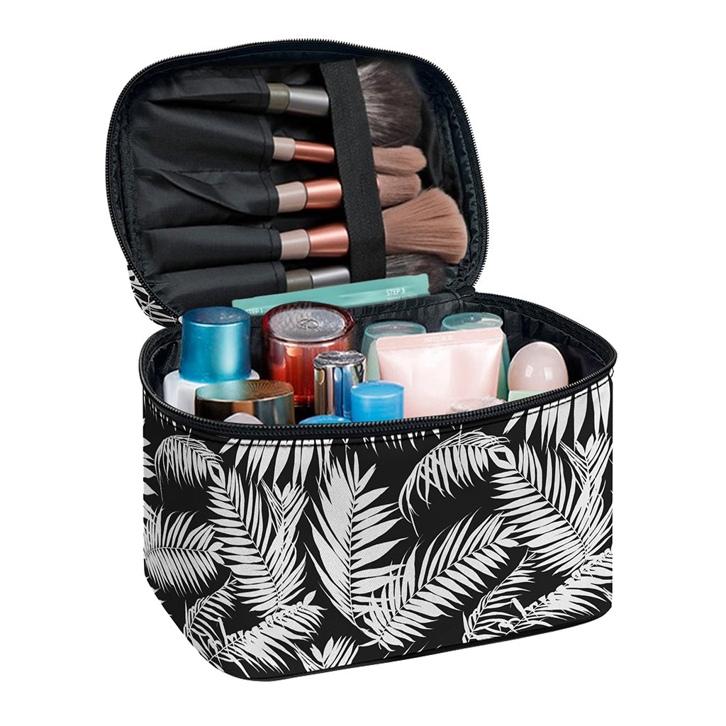 Black And White Palm Leaves Print Travel Makeup Bag