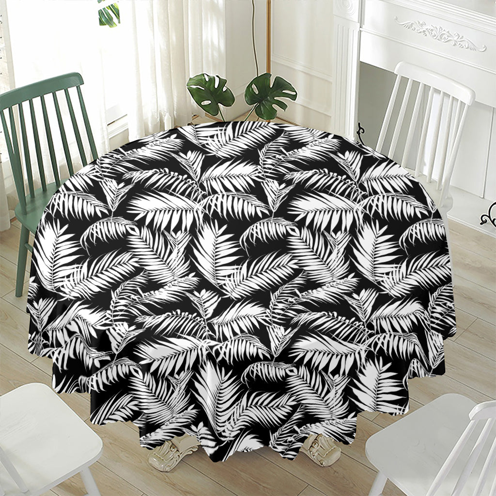 Black And White Palm Leaves Print Waterproof Round Tablecloth