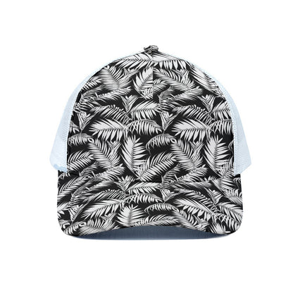 Black And White Palm Leaves Print White Mesh Trucker Cap