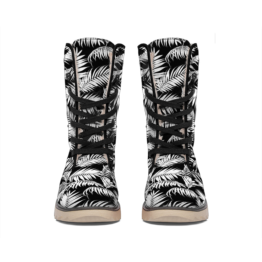 Black And White Palm Leaves Print Winter Boots