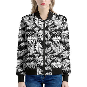 Black And White Palm Leaves Print Women's Bomber Jacket