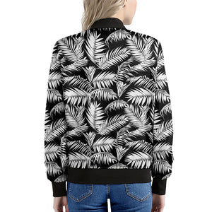 Black And White Palm Leaves Print Women's Bomber Jacket