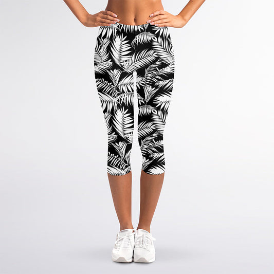 Black And White Palm Leaves Print Women's Capri Leggings