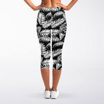 Black And White Palm Leaves Print Women's Capri Leggings