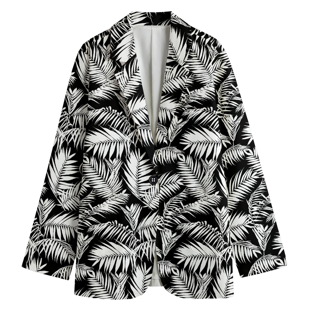 Black And White Palm Leaves Print Women's Cotton Blazer