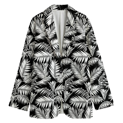 Black And White Palm Leaves Print Women's Cotton Blazer