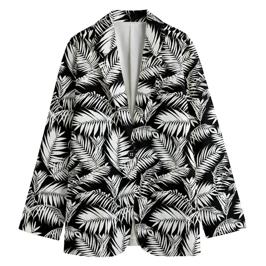 Black And White Palm Leaves Print Women's Cotton Blazer