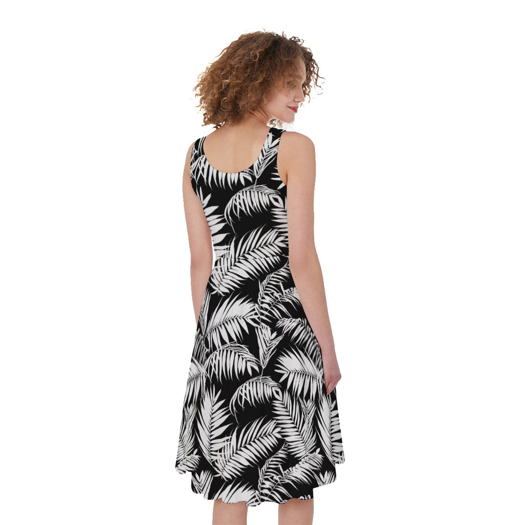 Black And White Palm Leaves Print Women's Sleeveless Dress