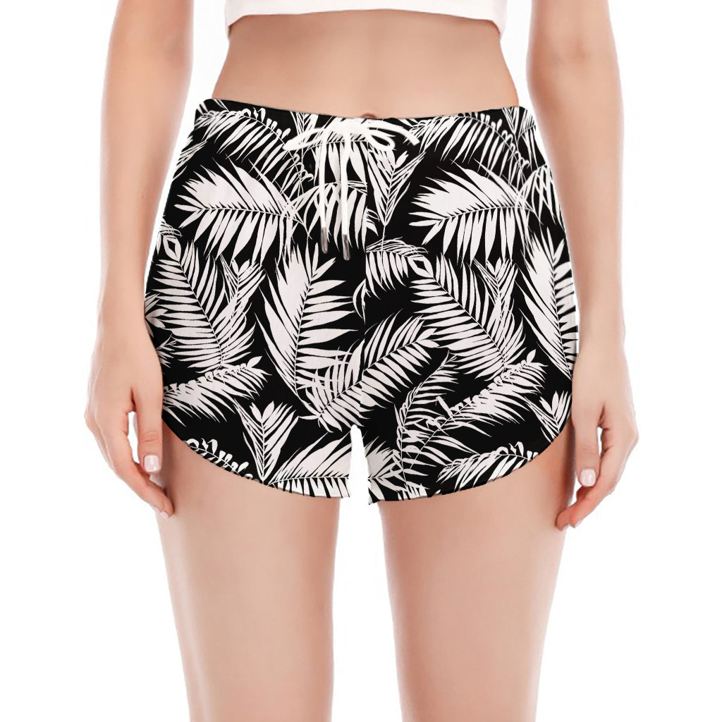 Black And White Palm Leaves Print Women's Split Running Shorts
