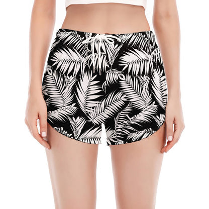 Black And White Palm Leaves Print Women's Split Running Shorts