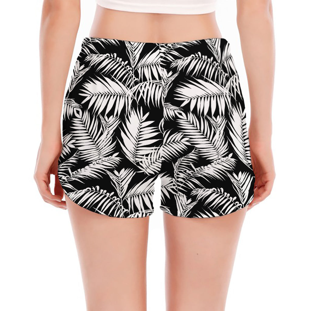 Black And White Palm Leaves Print Women's Split Running Shorts