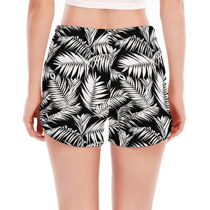 Black And White Palm Leaves Print Women's Split Running Shorts