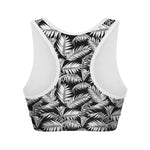 Black And White Palm Leaves Print Women's Sports Bra