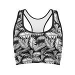 Black And White Palm Leaves Print Women's Sports Bra