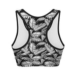 Black And White Palm Leaves Print Women's Sports Bra