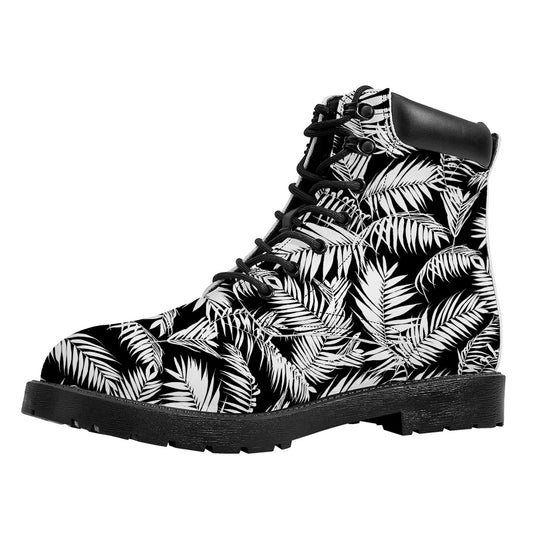 Black And White Palm Leaves Print Work Boots