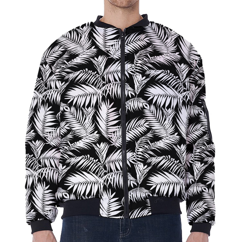 Black And White Palm Leaves Print Zip Sleeve Bomber Jacket